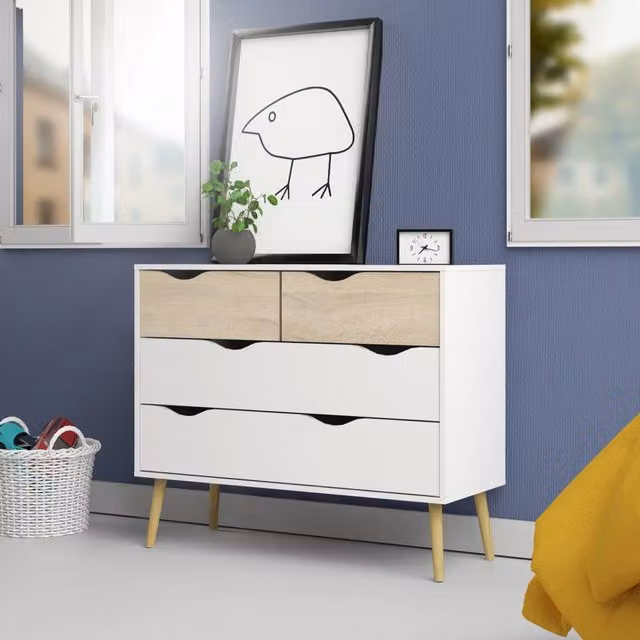 Cassettiera a quattro cassetti Azir DMORA, colore bianco e rovere, L: 98 cm, H: 81 cm, P: 39 cm