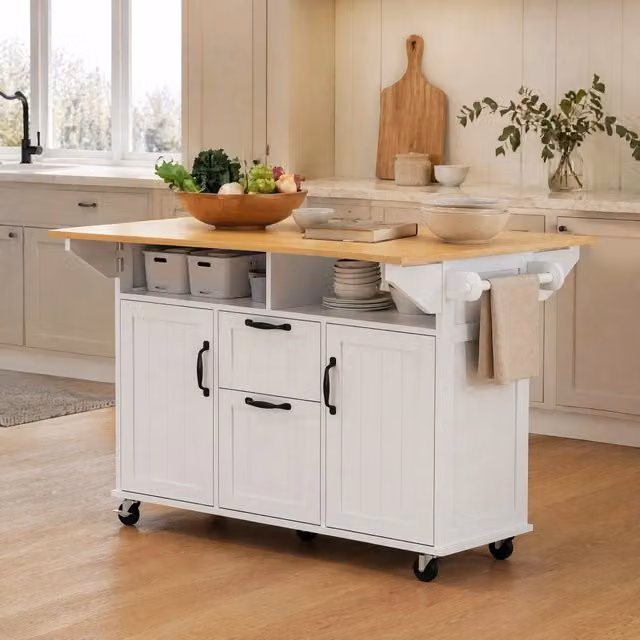 isola da cucina mobile bianca e effetto legno con piano ribaltabile, prese e ruote
