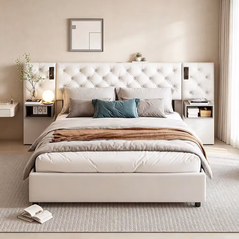 Letto imbottito INONEFT 140x200, letto per ragazzi con testiera contenitore dotata di porte USB e Type-C, letto con sistema di sollevamento idraulico e illuminazione LED, letto con rete a doghe e spazio contenitivo, rivestito in velluto, colore beige.