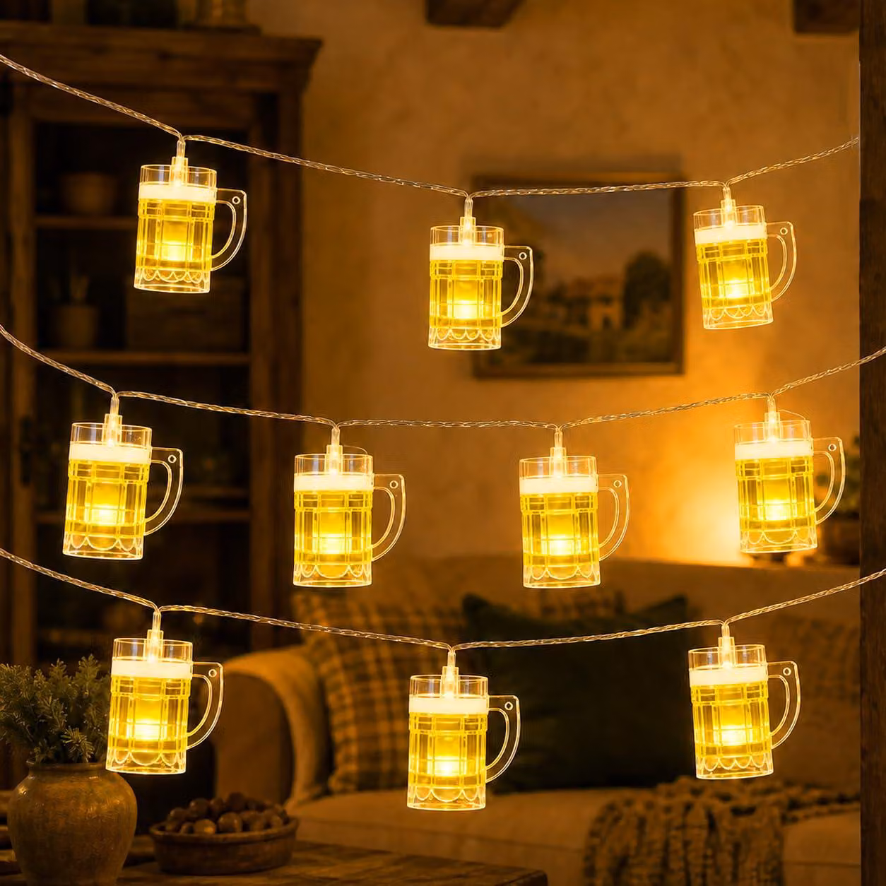 Catena luminosa a forma di boccale di birra, alimentata a batteria, lunghezza 1,5 metri, regolabile