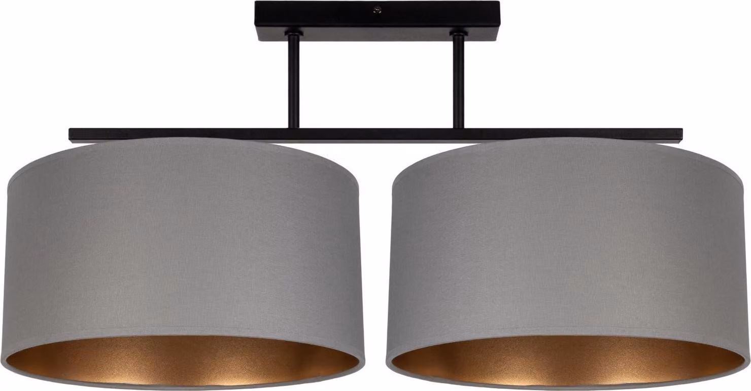 Lampada a soffitto in metallo e tessuto, nera, grigia o dorata, con due luci, di forma allungata, dal design moderno, attacco E27