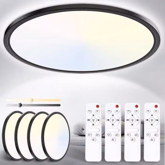 Plafoniera dimmerabile 24 W, 3200 lm, 30 cm, set da 4, resistente alle intemperie, sorgente luminosa LED rotonda a stelo sottile, luce bianca/neutra, telecomando, nero