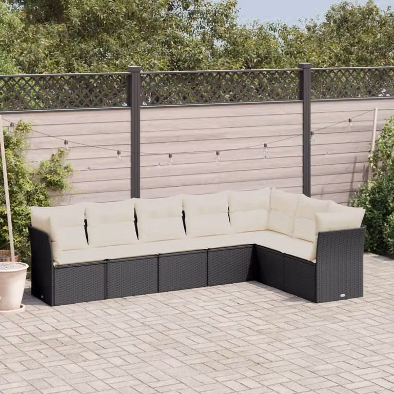 Set di Divani da Giardino a L vidaXL in Polyrattan Nero con 7 Cuscini Imbottiti e Coperture Rimosse