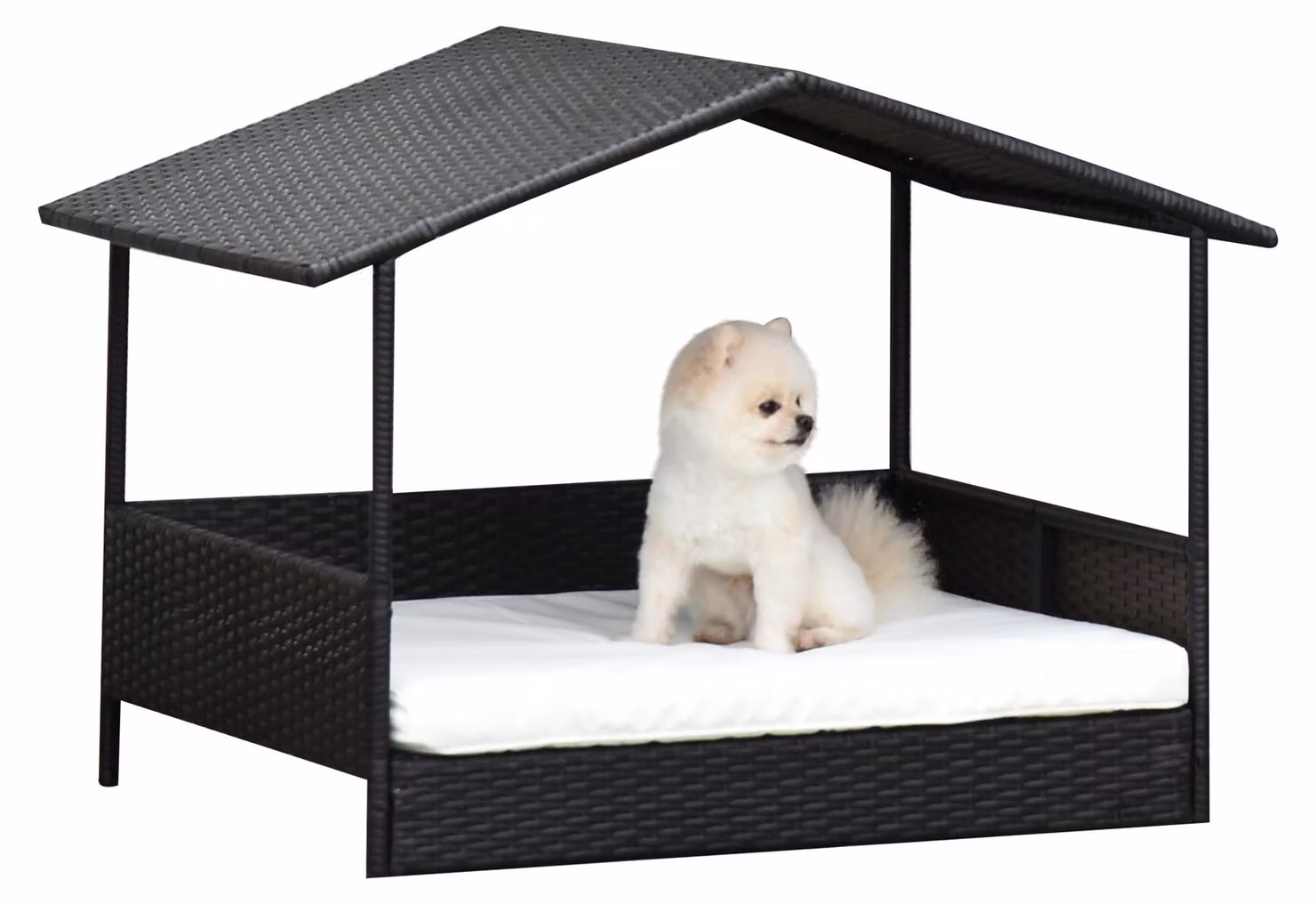Cuccia per cani da esterno in rattan con tettuccio, cuccia rialzata per cani, cuccia rinfrescante per animali domestici con struttura in metallo, cuscino da esterno, 69 x 98 x 70 cm,
