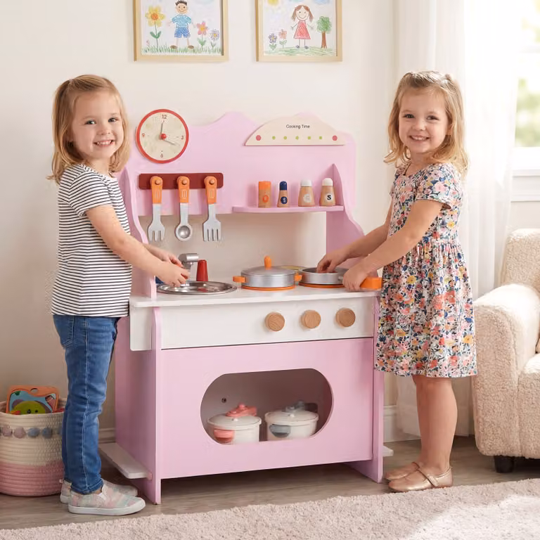 Cucina giocattolo in legno Costway per bambini con accessori e fornello, colore rosa