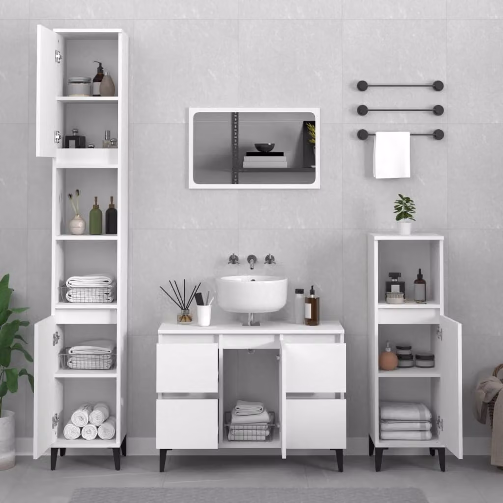 Set di mobili da bagno moderno vidaXL in 3 pezzi bianco opaco con mobile lavabo e colonna portaoggetti in legno e metallo