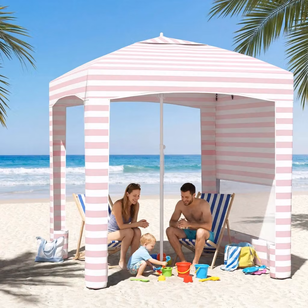 Tenda da spiaggia con parete laterale rimovibile e borsa portatile, Gazebo da esterno regolabile in altezza Rosa, L: 245 cm, P: 185 cm, H: 185 cm – 2