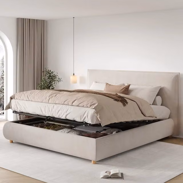 Letto contenitore 160 x 200 cm con contenitore idraulico, matrimoniale imbottito in velluto crema con testiera design pieghevole e piedi in legno