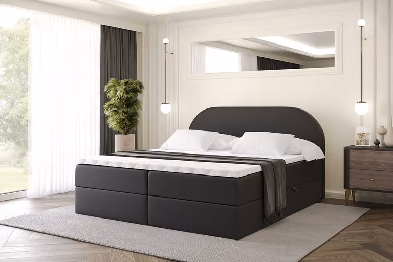 Letto boxspring ALTDECOR con materasso e rete a doghe, topper, letto imbottito con contenitore, letto con vano portaoggetti e materasso H4, letto matrimoniale, letto a cassettone - NOX - 160x200 - Ecopelle nera