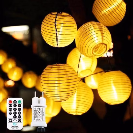 Stringa di luci a LED da esterno con 50 LED bianco caldo, lunghezza 10 m, espandibile, con telecomando, timer e protezione IP65 per giardino e terrazza
