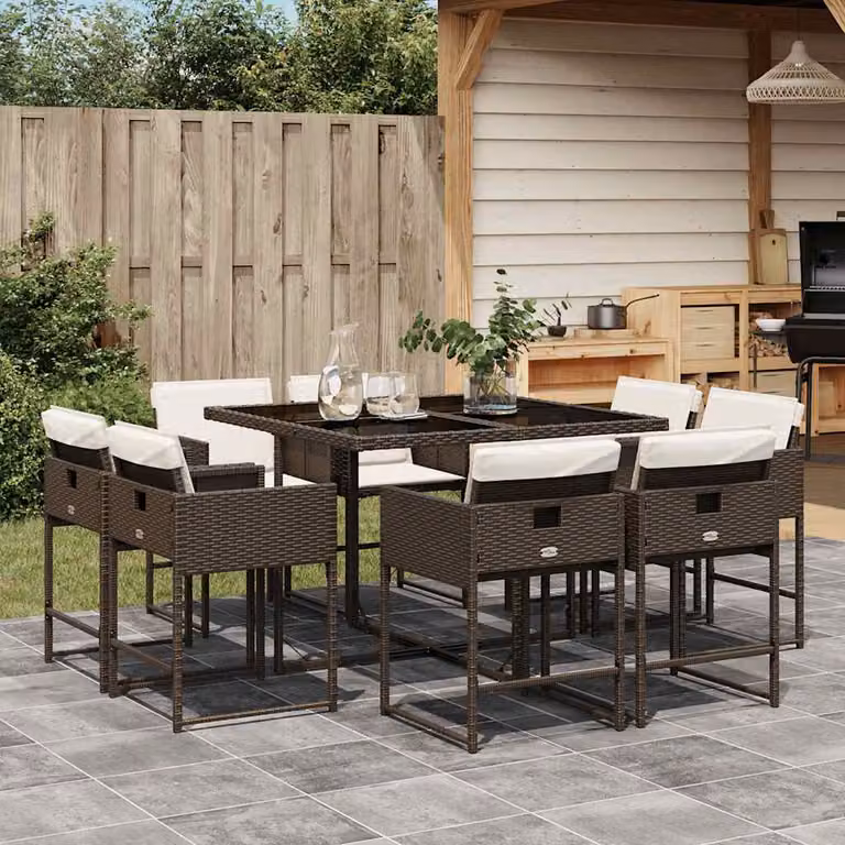 Set da Pranzo da Giardino vidaXL 9pz in Polyrattan Marrone con Cuscini Bianchi e Tavolo in Vetro