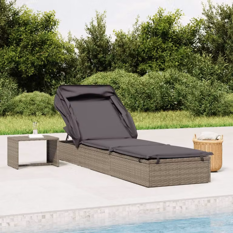 vidaXL Lettino da giardino con tetto parasole e poggiatesta regolabile, colore grigio, L 213 x P 63 x H 97 cm