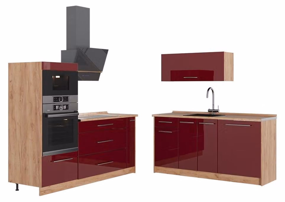 Cucina Vicco Fame-Line Bordeaux lucido/Rovere dorato 340 cm senza piano di lavoro, Model 63712