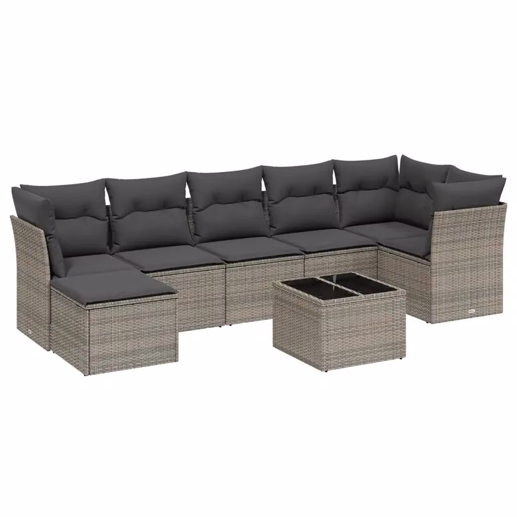 vidaXL Set Divano da Giardino 8 pz a Forma di L con Cuscini Grigio in Polyrattan e Tavolino in Vetro – 2