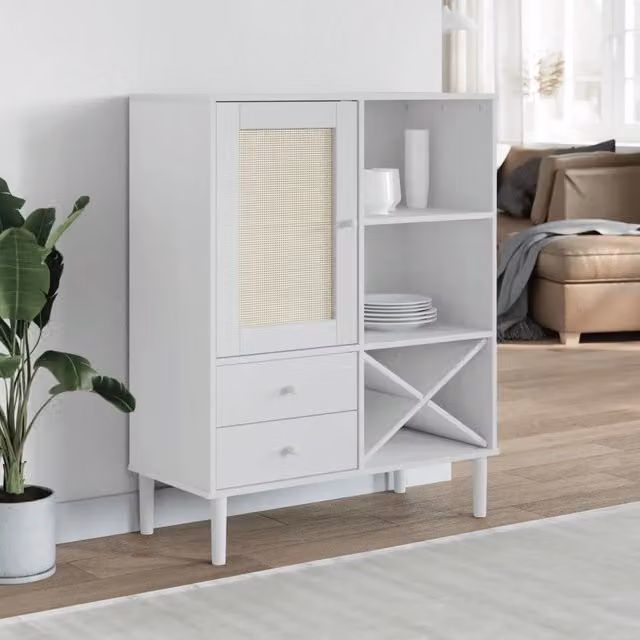 Credenza SENJA vidaXL in legno di pino massello e rattan, colore bianco, L 90 cm, P 40 cm, H 112 cm
