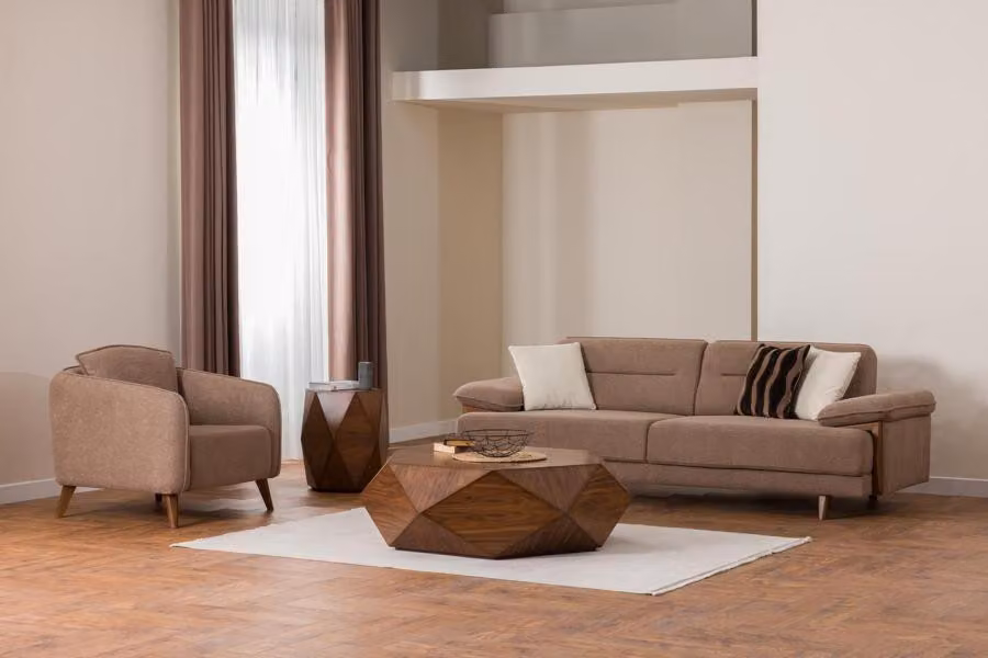 Sofagarnitur 3+1 Sitzer Braun Stoffbezug Holzfüße Skandi Stil Modern Wohnen