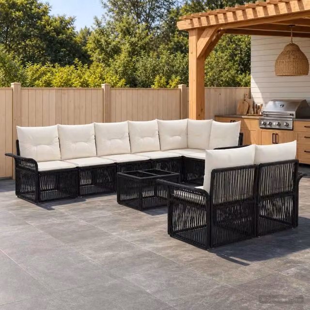 Set Divano da Giardino 9 Pezzi vidaXL Nero con Poltrone, Elementi Angolari, Tavolino e Cuscini Imbottiti – 1