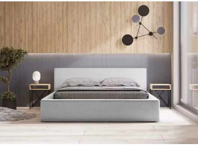 Letto contenitore VELORA Meublorama in tessuto bouclé bianco, L/P: 160 x 200 cm, con rete sollevabile e spazio di archiviazione integrato – 1