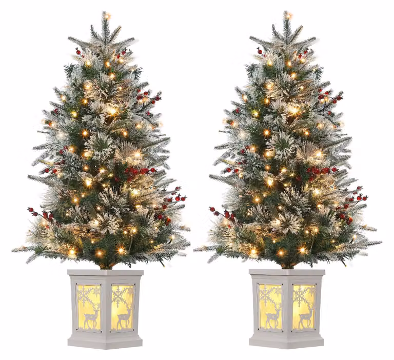 Set di 2 pezzi: Albero di Natale artificiale innevato, altezza 90 cm (3.0 piedi), con fusto denso simile a un abete/pino, illuminato con luci LED e con punte di aghi innevate. Montaggio a cerniera, supporto in metallo