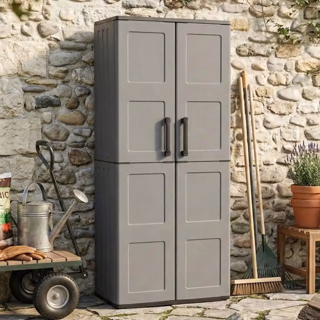 Armadio da esterno Arabel per giardino e balcone con 3 ripiani, colore grigio, L: 68 cm, P: 37 cm, H: 163 cm