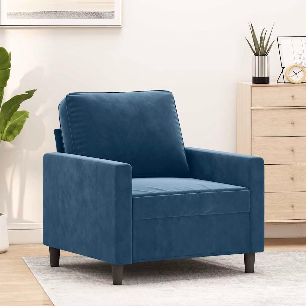 Poltrona moderna vidaXL in velluto blu con struttura in metallo e braccioli