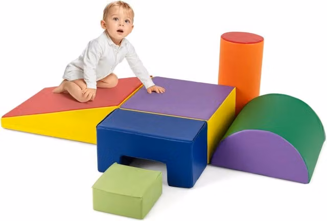 Set di blocchi rampicanti in schiuma Design Mania per bambini, giocattoli educativi gialli e multicolore per lo sviluppo motorio e creativo