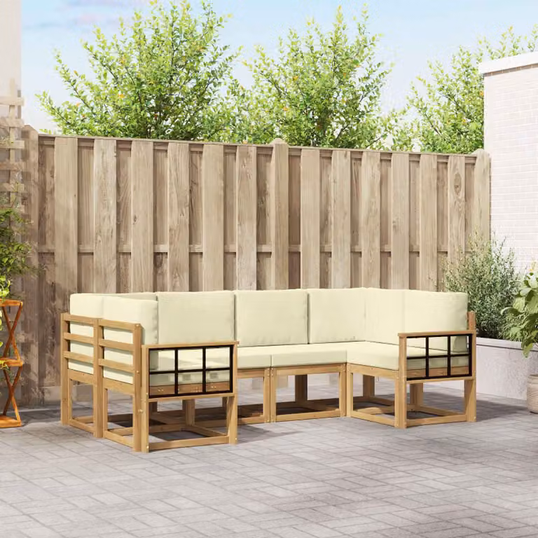 Set di divani da esterno vidaXL a forma di L composto da 6 pezzi in legno di acacia con cuscini in bianco, beige e marrone