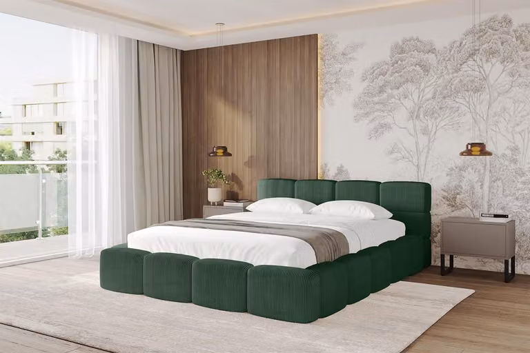 Letto imbottito ALTDECOR con contenitore - NATA-v1 - 160x200 verde - Poso 14: letto con testiera, letto contenitore, letto matrimoniale con spazio contenitivo
