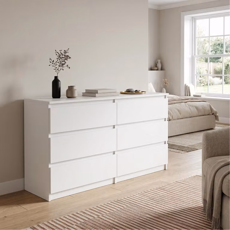 Comodà Masseno NUDO da 100 cm con 6 cassetti e ante, per soggiorno e camera da letto, stile moderno, 100x39x78,5 cm, bianco / bianco