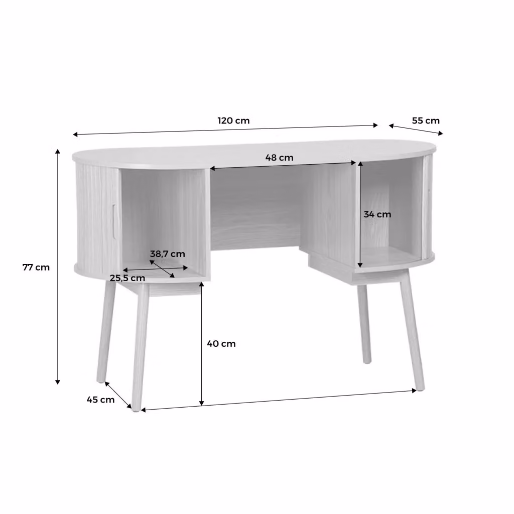 Scrivania ovale Sweeek in stile scandinavo con effetto legno scanalato e due vani portaoggetti, colore beige, L: 120 cm – 2