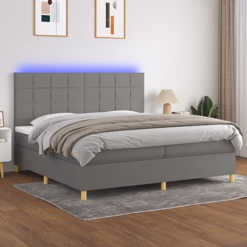 The Living Store Letto a molle con materasso e LED in tessuto grigio scuro 200x200 cm