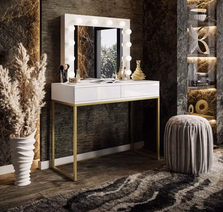 Tavolino da toilette BLANCO GOLD con specchio e illuminazione a LED, sistema di apertura a pressione