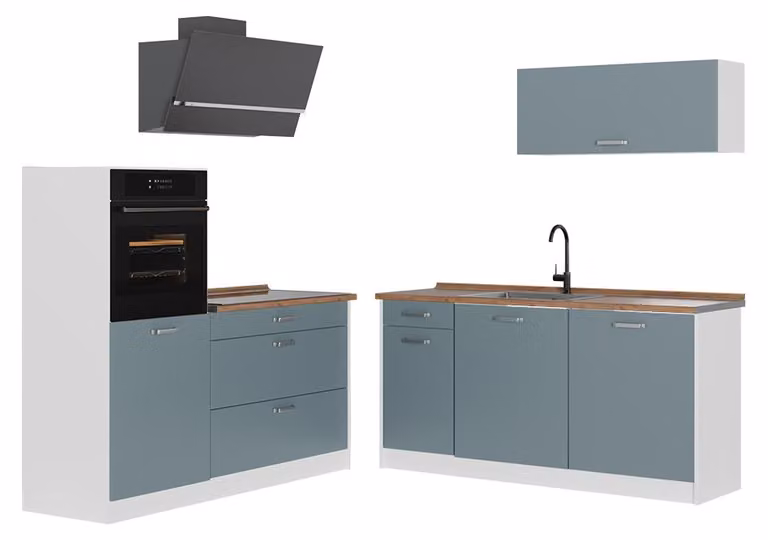 Cucina componibile Vicco R-Line Grigio-blu/Bianco 160 cm piano di lavoro Rovere dorato, Model 66934