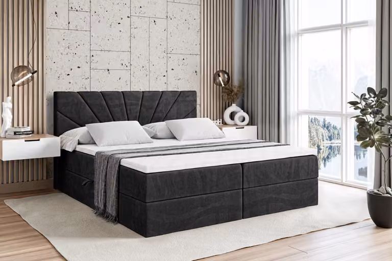 Letto boxspring ALTDECOR MILTIO, letto imbottito con testiera e contenitore - Materasso rigido (H4) - 160x200 - Velluto nero