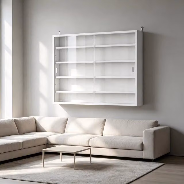 Vetrina da parete 80x9.5x60 cm con ripiani regolabili in vetro e truciolare bianco