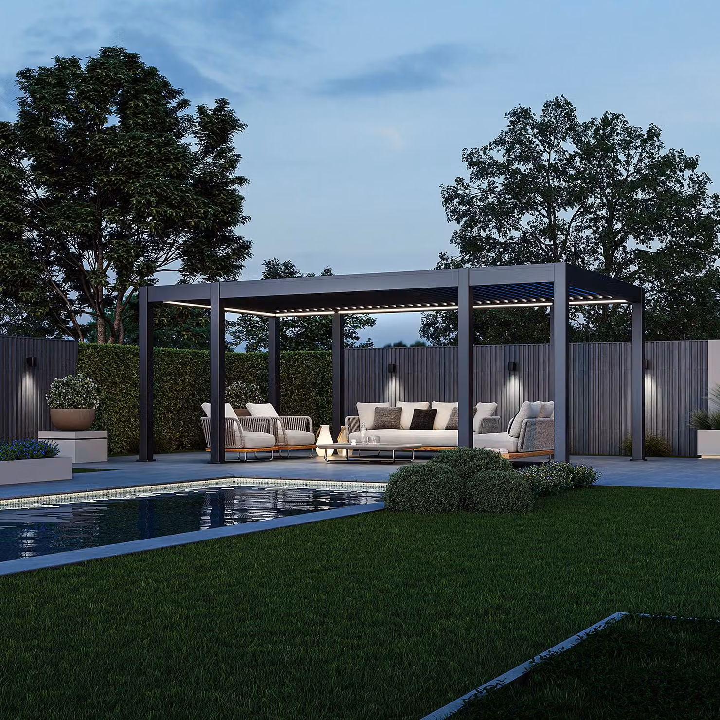 Pergola Weide Prestige in alluminio 3,6x6,57 m con tetto a lamelle, LED antracite inclusi