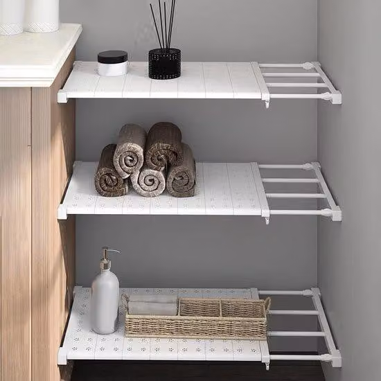 Ibenzoa® Scaffale regolabile senza foratura, bianco – Larghezza 24 cm, estensione da 38 a 60 cm, tubi in acciaio inossidabile e ABS, ideale per armadi, cucina e bagno