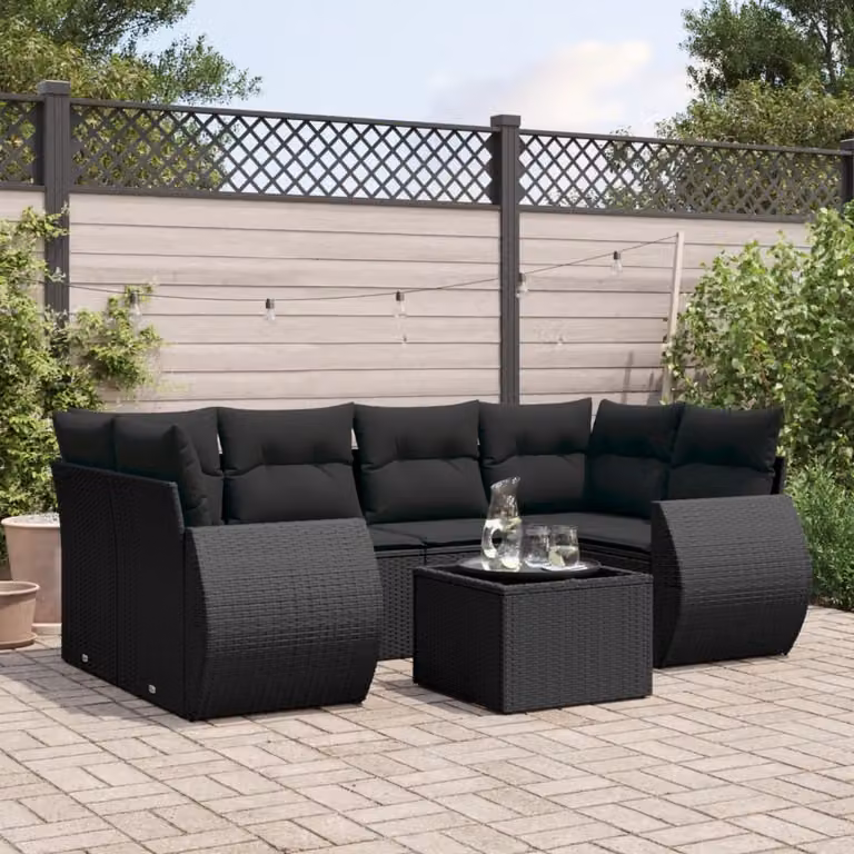 vidaXL Set Divano da Giardino a L con 7 Cuscini e Tavolino Nero