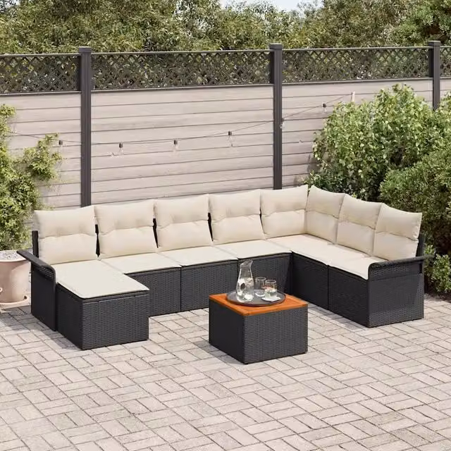 Set Divano da Giardino 9 pz Nero e Crema polyrattan 3356031