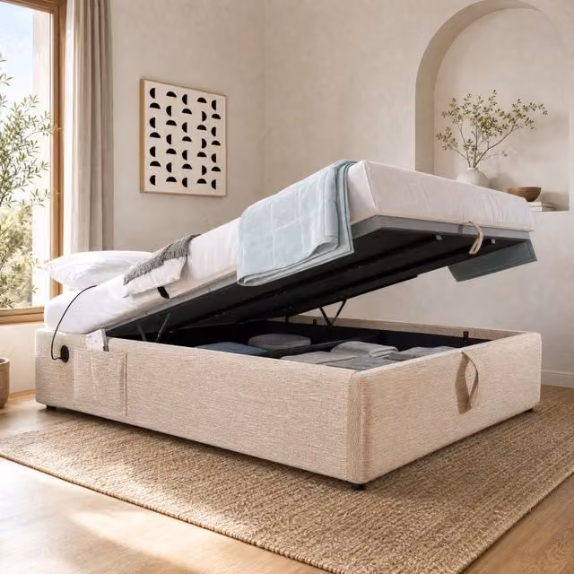 Letto contenitore matrimoniale 160x200 cm in lino beige e naturale con USB e Type-C; senza testiera