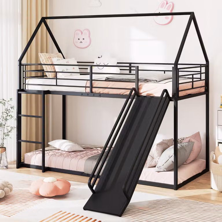 Letto a castello Costway Loft con tetto a casetta, scivolo e scala, struttura in metallo con sponda di sicurezza, colore Nero, 90x190 cm