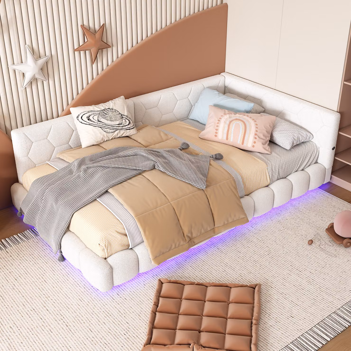 Letto imbottito Merax 90x200cm con LED e connessione USB, letto da giorno con rete a doghe, divano letto in peluche, letto funzionale letto matrimoniale letto per bambini, bianco