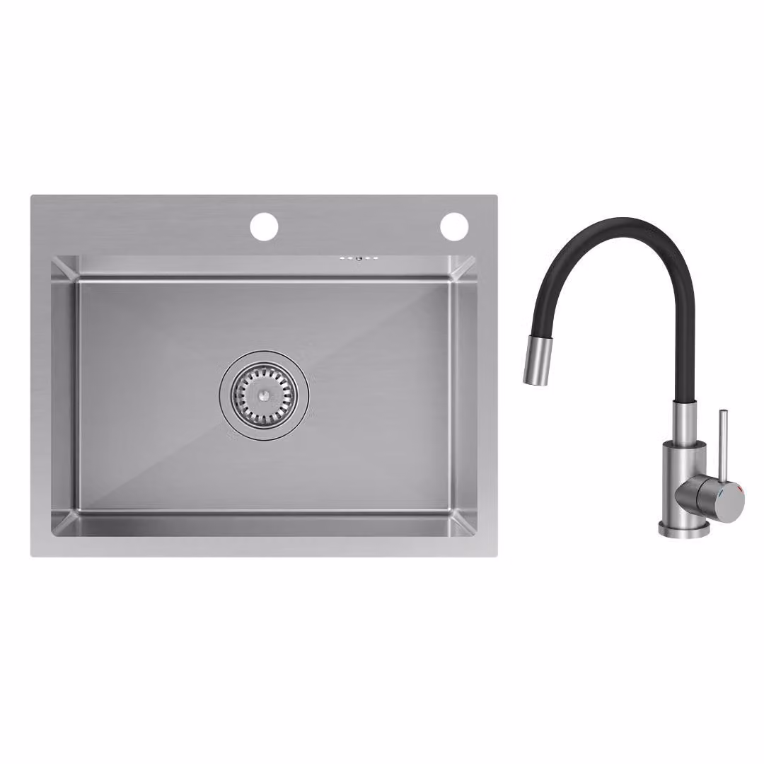 VBChome Lavello 58 x 45 x 20 cm Acciaio inossidabile spazzolato con rubinetteria flessibile di alta qualità – Design intramontabile per ogni cucina