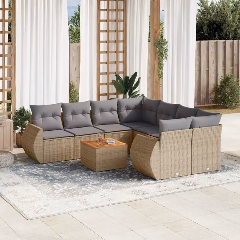 vidaXL Set Divano da Giardino a L 9 pz in Polyrattan con Cuscini Beige e Tavolino da Esterno