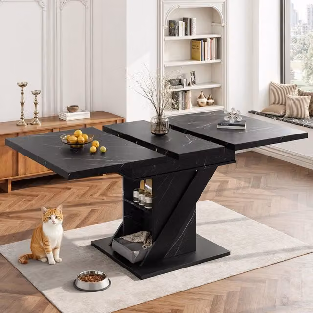 Tavolo da pranzo telescopico 110-140x80 cm, allungabile, design minimalista moderno, salvaspazio per cucina e soggiorno, finitura nero effetto marmo