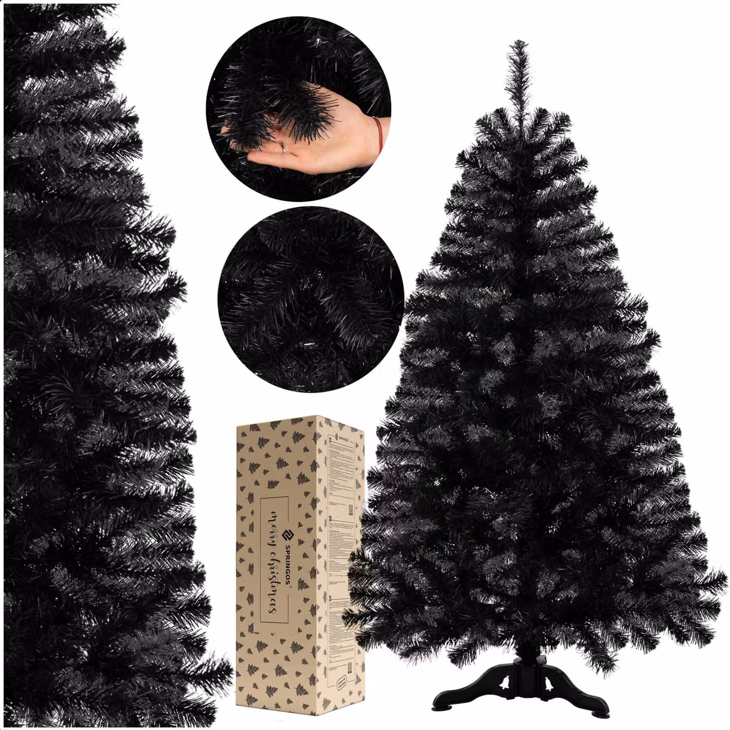 Albero di Natale artificiale Springos® 180 cm nero | Abete di alta qualità, folto e realistico, come quello vero, con supporto stabile incluso