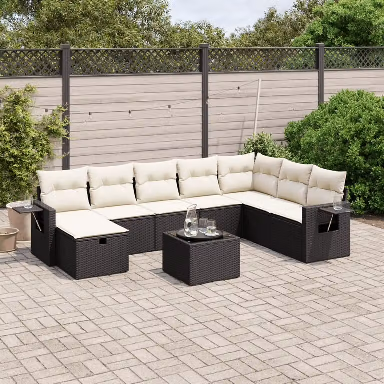 Set di divani da giardino vidaXL 9 pz a forma di L con cuscini, tavolo da caffè e pouf, colore nero con struttura in metallo e rattan