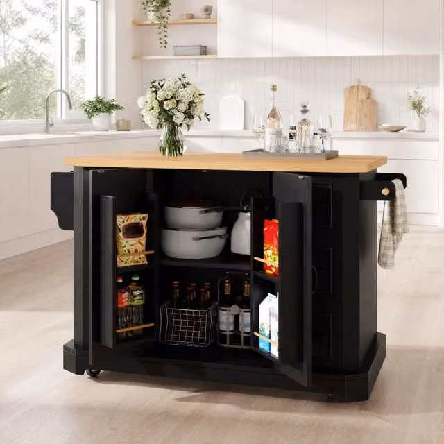 Carrello da cucina moderno REDOM con 2 ante e 6 cassetti in MDF nero opaco L: 120 cm, P: 45 cm, H: 91 cm