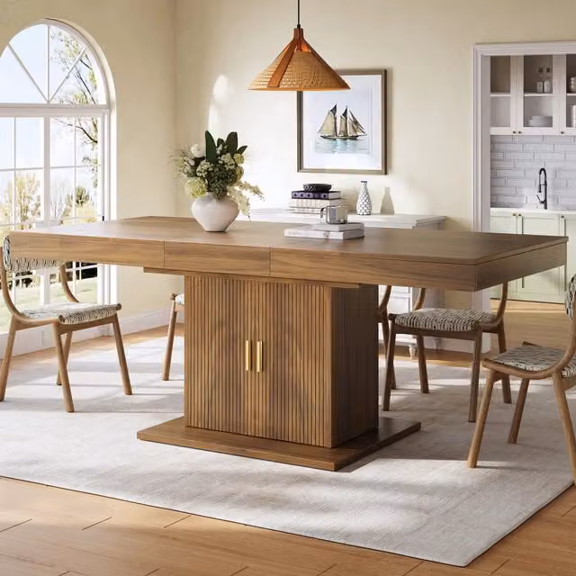 Tavolo da pranzo allungabile Mivray con armadietto integrato e ante scanalate, colore marrone, piano regolabile da 140 a 180 cm