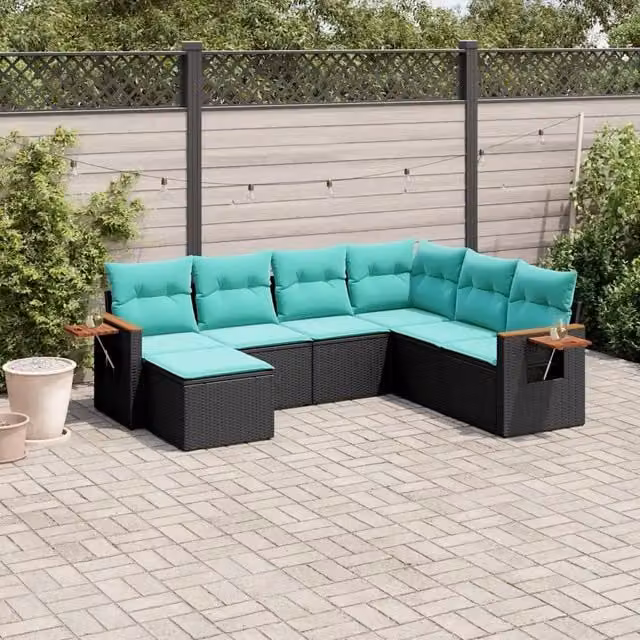 Set Divani da Giardino 7 pz con Cuscini Nero in Polyrattan 3227044